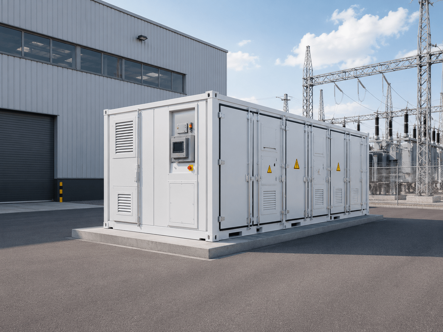 Kontenerowy magazyn energii przy hali przemysłowej