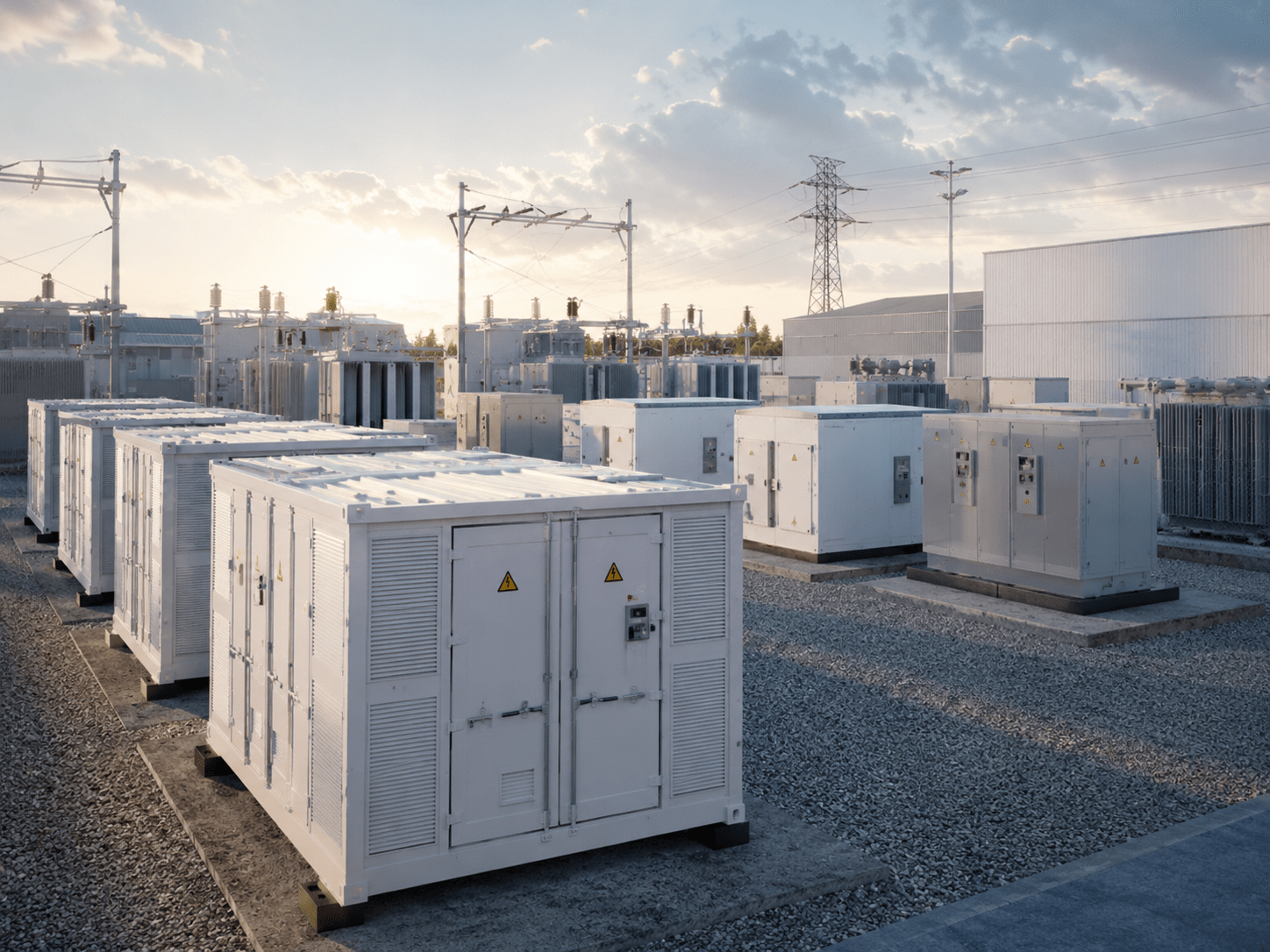 Przemysłowy magazyn energii BESS przy infrastrukturze elektroenergetycznej